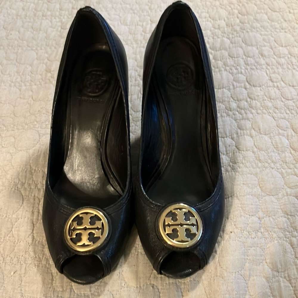 Tory Burch Black Leather Peep-Toe Wedge Pumps with Gold Logo